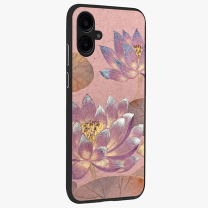 Blossom Mist Lotus Glass Case upright view showcasing graceful lotus flower design with peaceful botanical style.