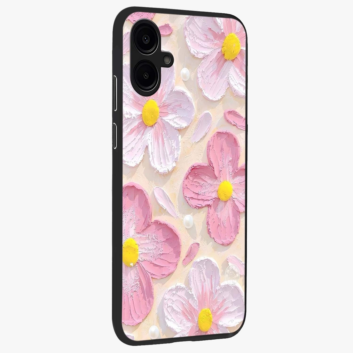 Blush Bloom Texture Glass Case upright view showcasing delicate blush floral texture with modern minimal style.