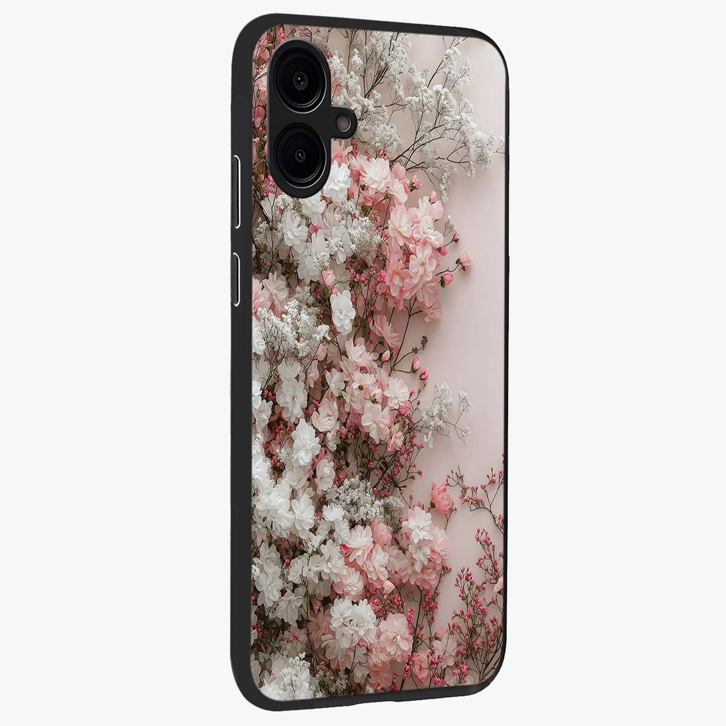Blush Blossom Cloud Glass Case upright view showcasing calm floral cloud artwork with gentle dreamy theme.