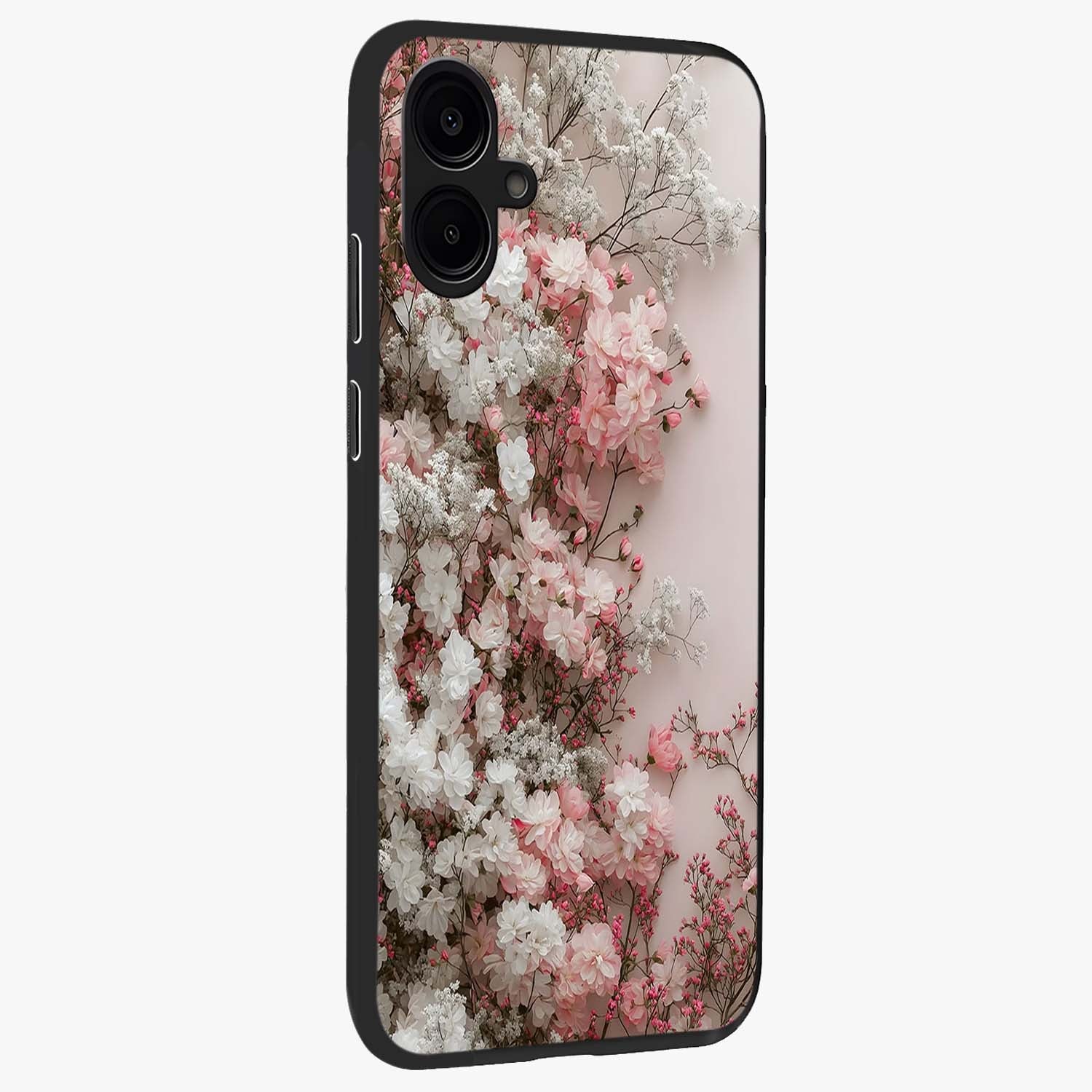 Blush Blossom Cloud Glass Case upright view showcasing calm floral cloud artwork with gentle dreamy theme.