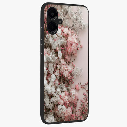 Blush Blossom Cloud Glass Case upright view showcasing calm floral cloud artwork with gentle dreamy theme.