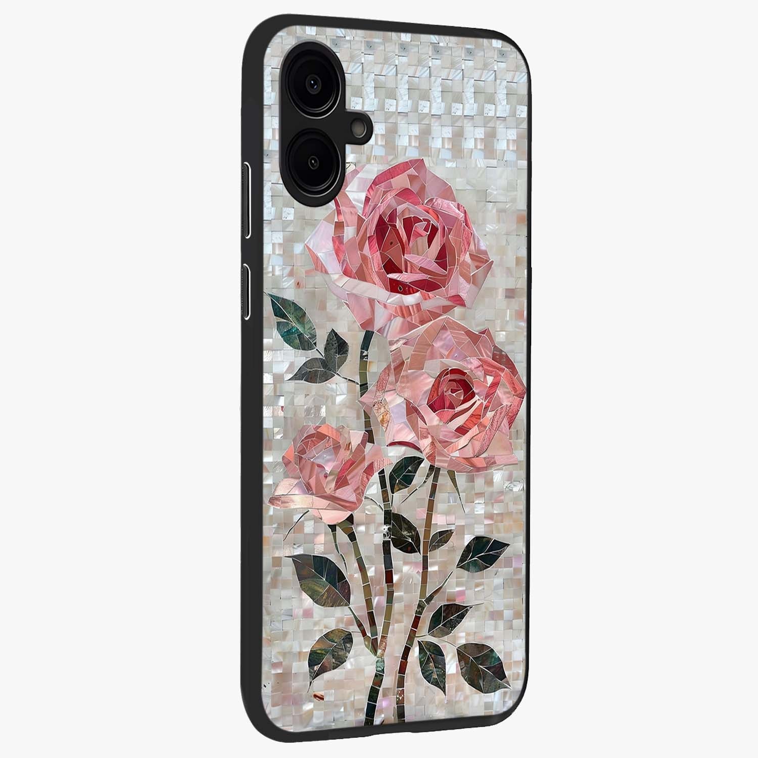 Blush Mosaic Bloom Glass Case upright view showcasing decorative floral mosaic artwork with stylish modern aesthetic.