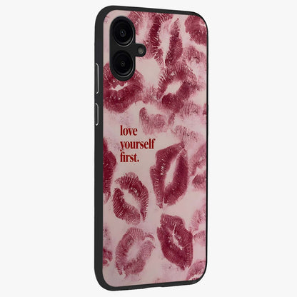 Crimson Kiss Love Glass Case upright view showcasing expressive romantic artwork with deep crimson theme.