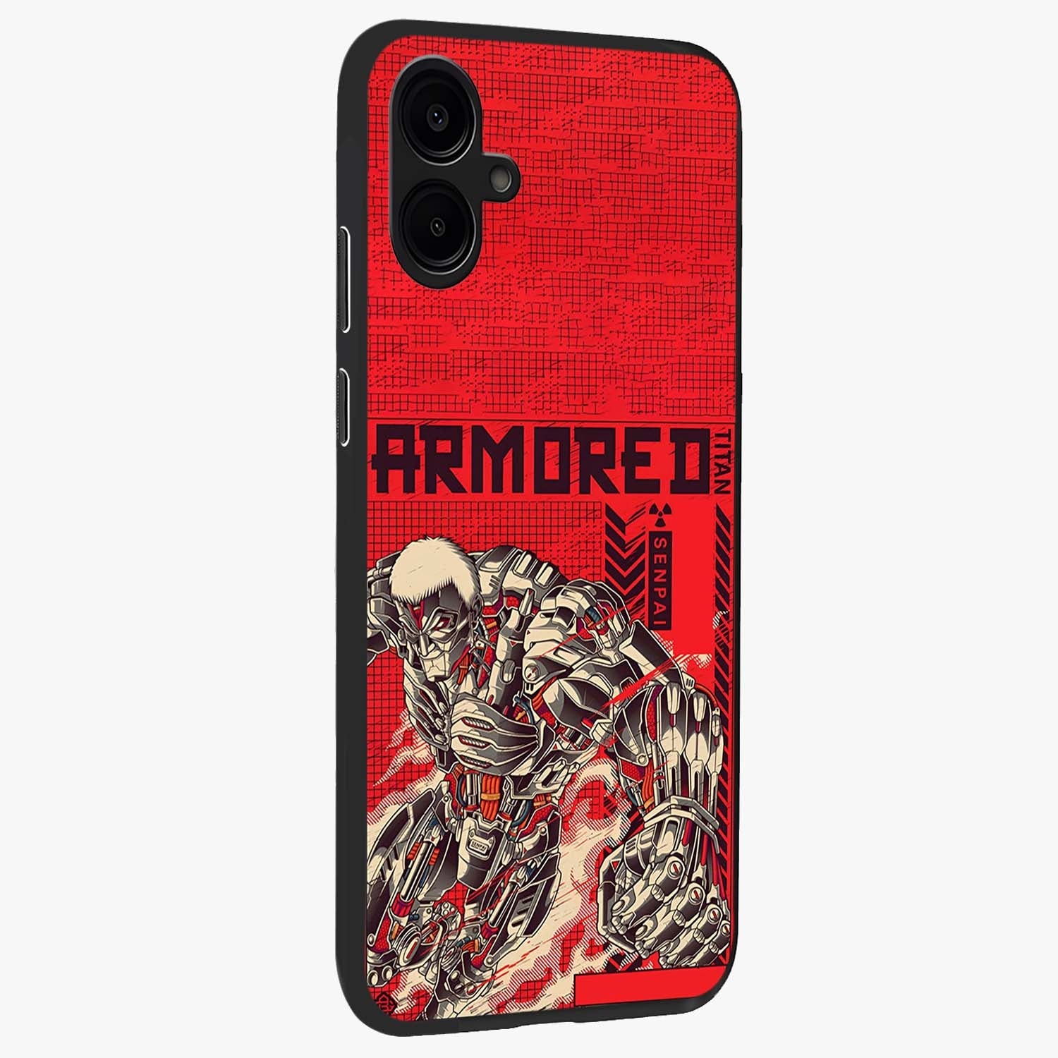 Crimson Mecha Titan Glass Case upright view showcasing dynamic robotic titan design with sci-fi inspired theme.