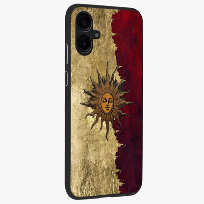 Crimson Sun Majesty Glass Case upright view showcasing vibrant sun artwork with powerful celestial theme.