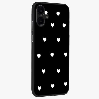 Cute And Simple White Hearts Glass Case upright view showcasing simple white hearts artwork with soft minimal theme.