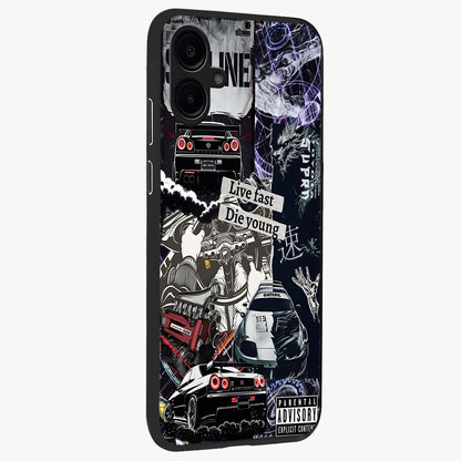 Die Young Glass Case upright view showcasing striking typography artwork with modern statement theme.