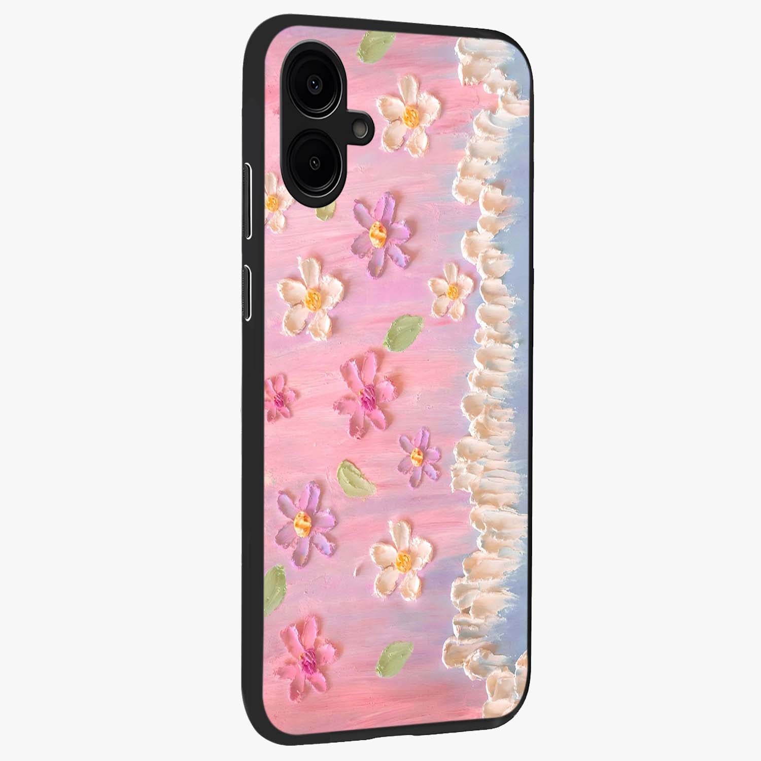 Dreamy Painted Garden Glass Case upright view showcasing vibrant floral garden artwork with artistic nature theme.