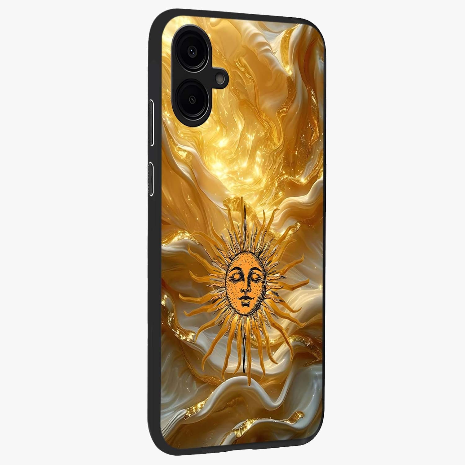 Eternal Golden Glow Glass Case upright view showcasing luminous golden artwork with luxurious visual theme.