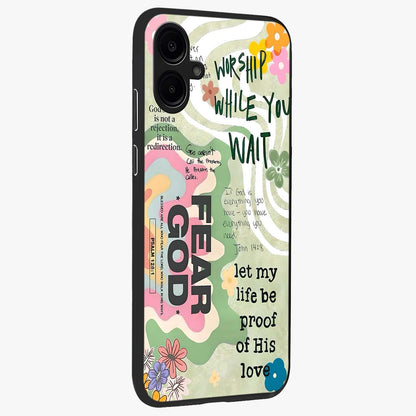 Faith Over Fear Glass Case upright view showcasing bold typography artwork with uplifting motivational theme.