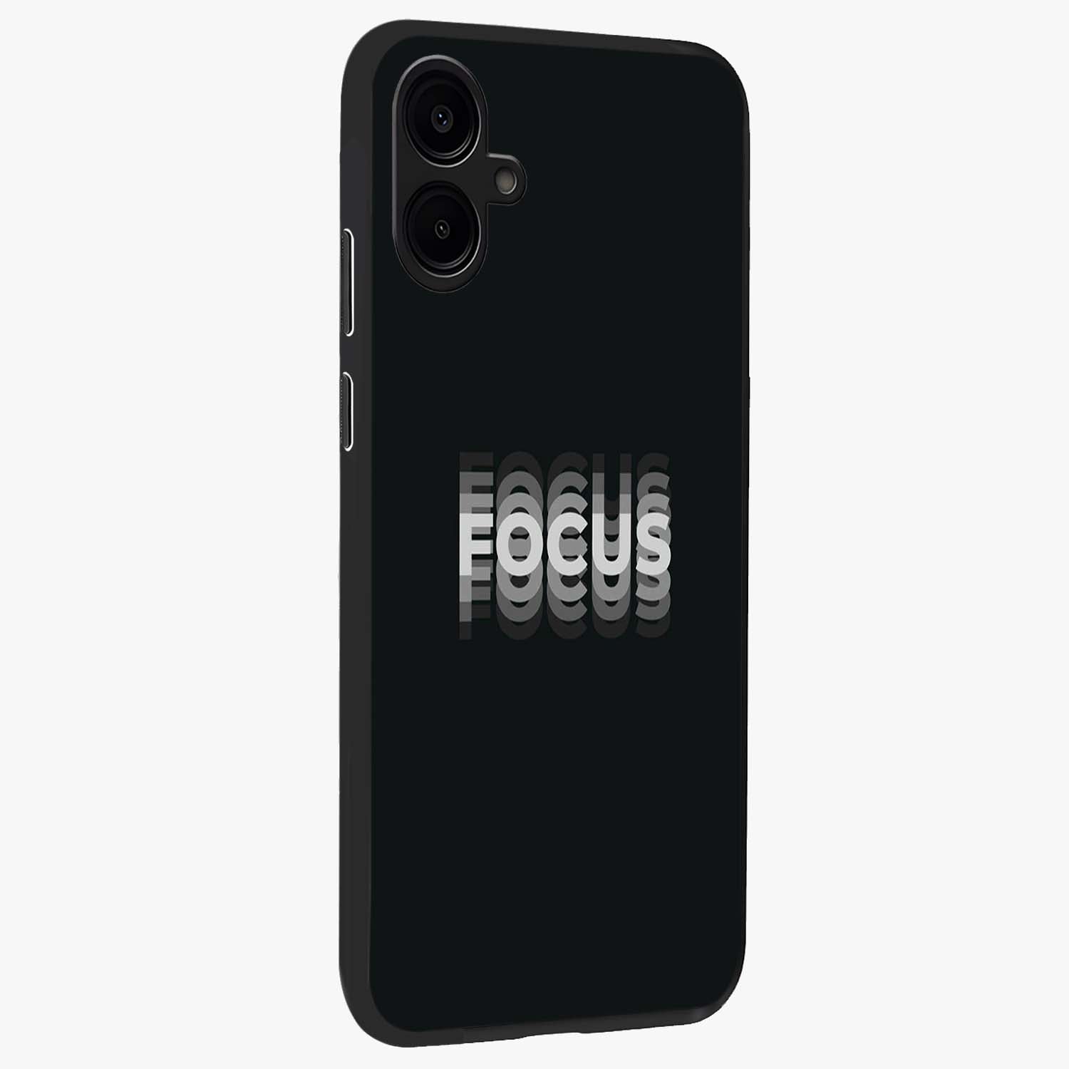 Focus Mode On Glass Case upright view showcasing strong typography statement with sleek motivational theme.