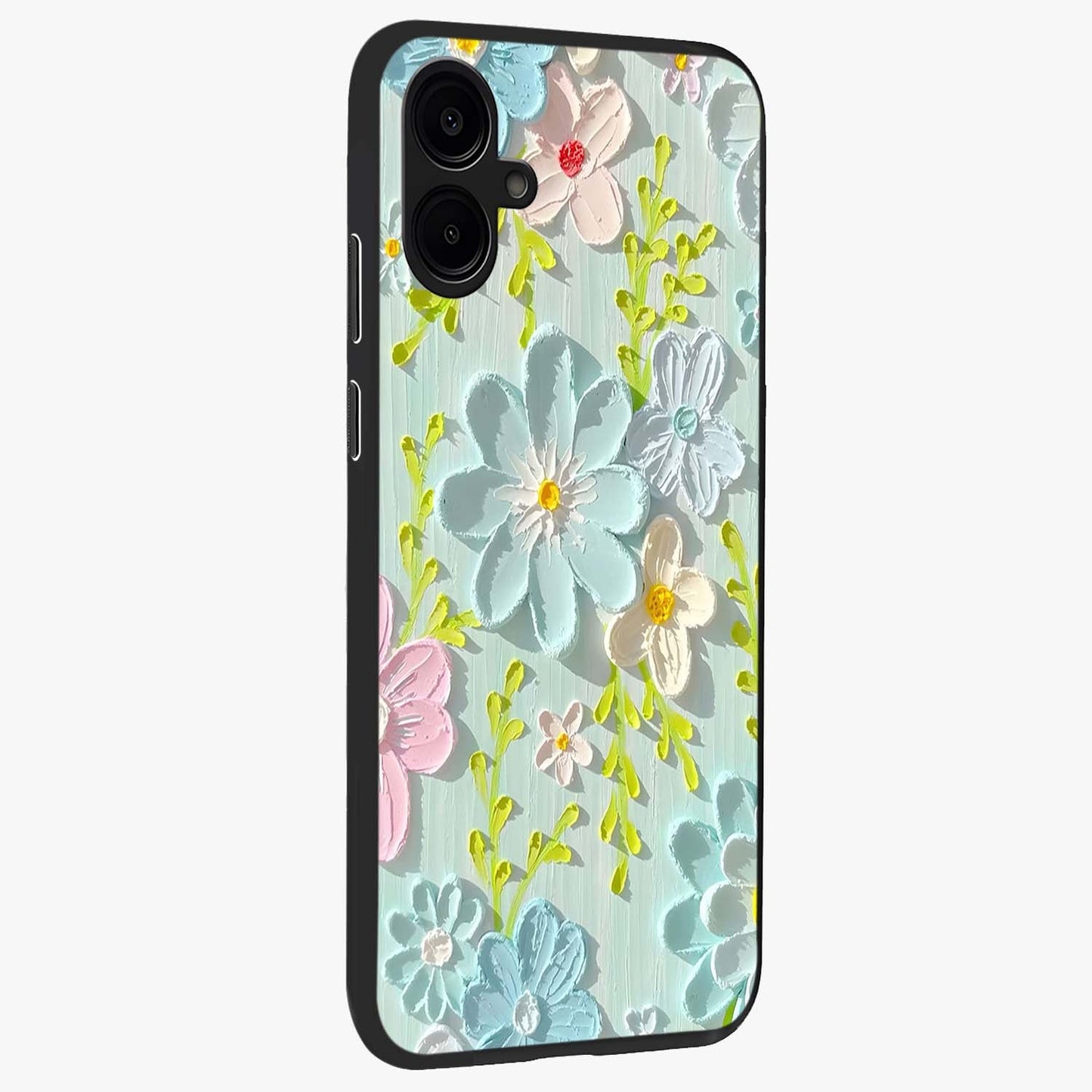 Frosted Petal Garden Glass Case upright view showcasing elegant floral garden artwork with soothing pastel theme.