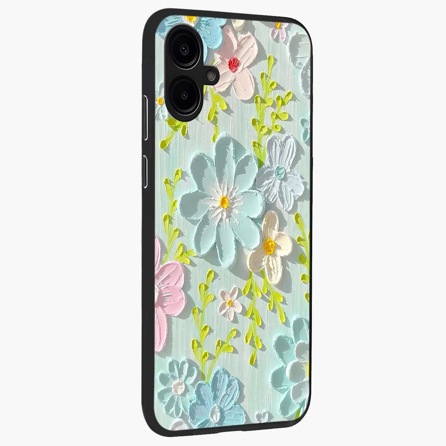 Frosted Petal Garden Glass Case upright view showcasing elegant floral garden artwork with soothing pastel theme.