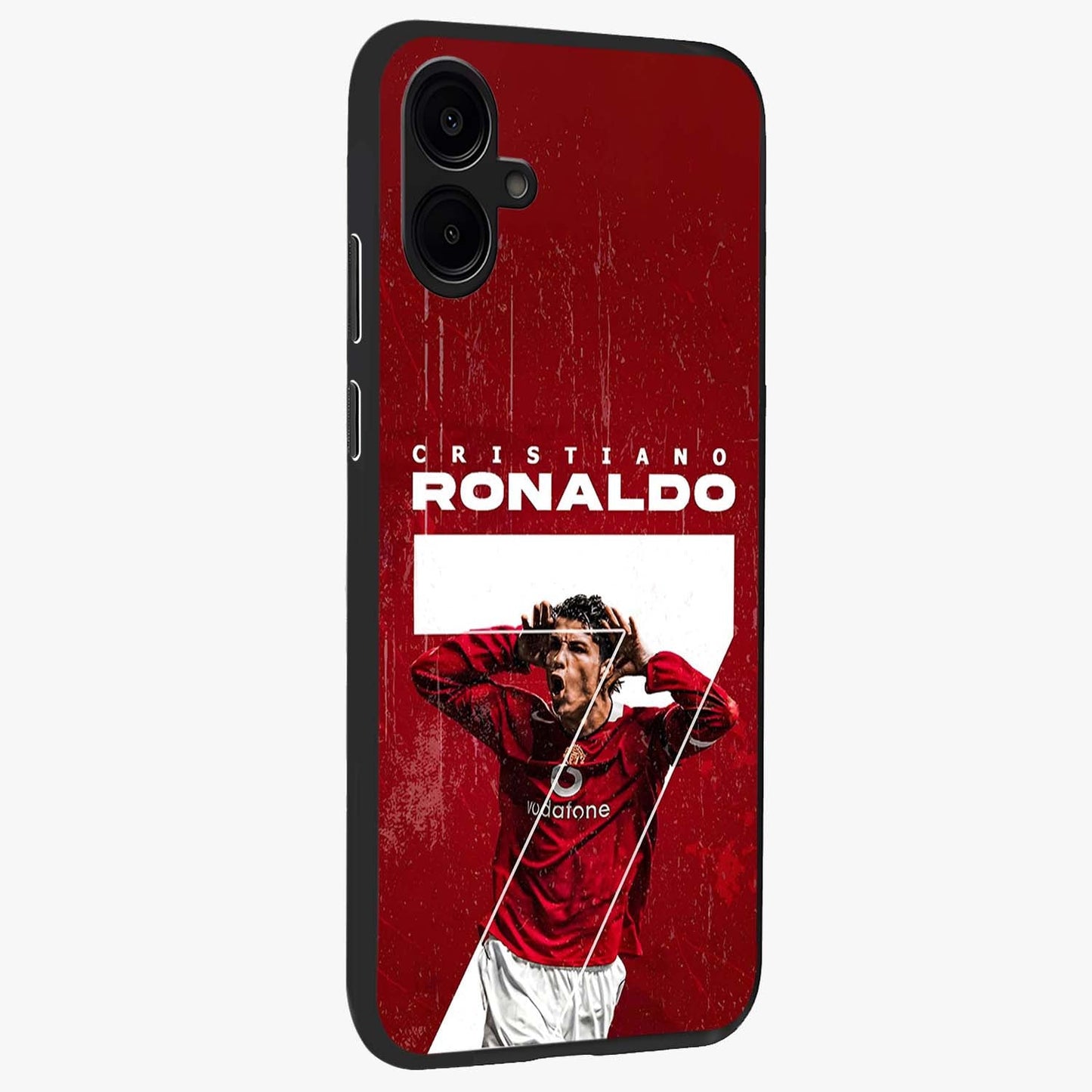 Goal Celebration Legacy Glass Case upright view showcasing dynamic football inspired artwork with victory celebration aesthetic.