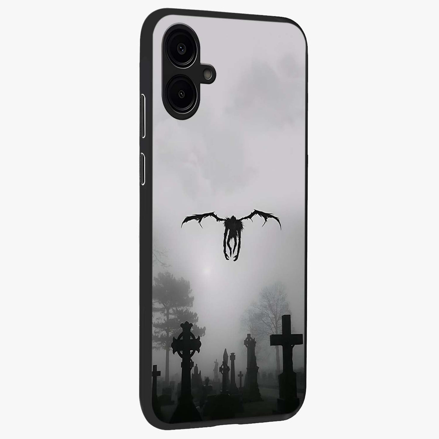 Graveyard Shadow Descent Glass Case upright view showcasing haunting graveyard artwork with dramatic dark theme.