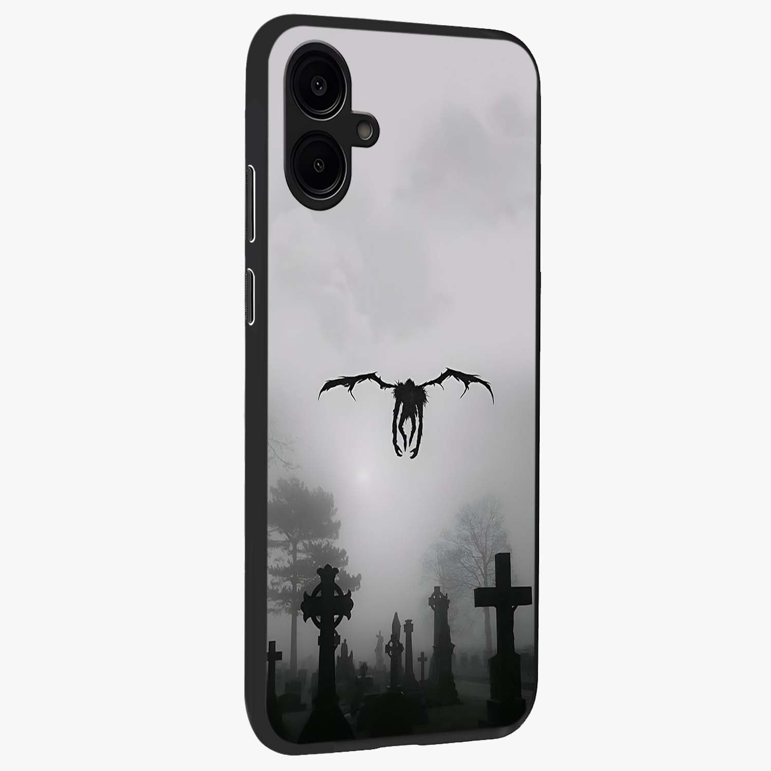 Graveyard Shadow Descent Glass Case upright view showcasing haunting graveyard artwork with dramatic dark theme.