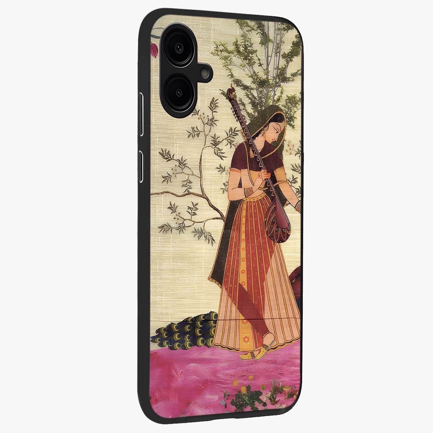 Lady With Veena Art Glass Case upright view showcasing classical veena artwork with traditional artistic theme.