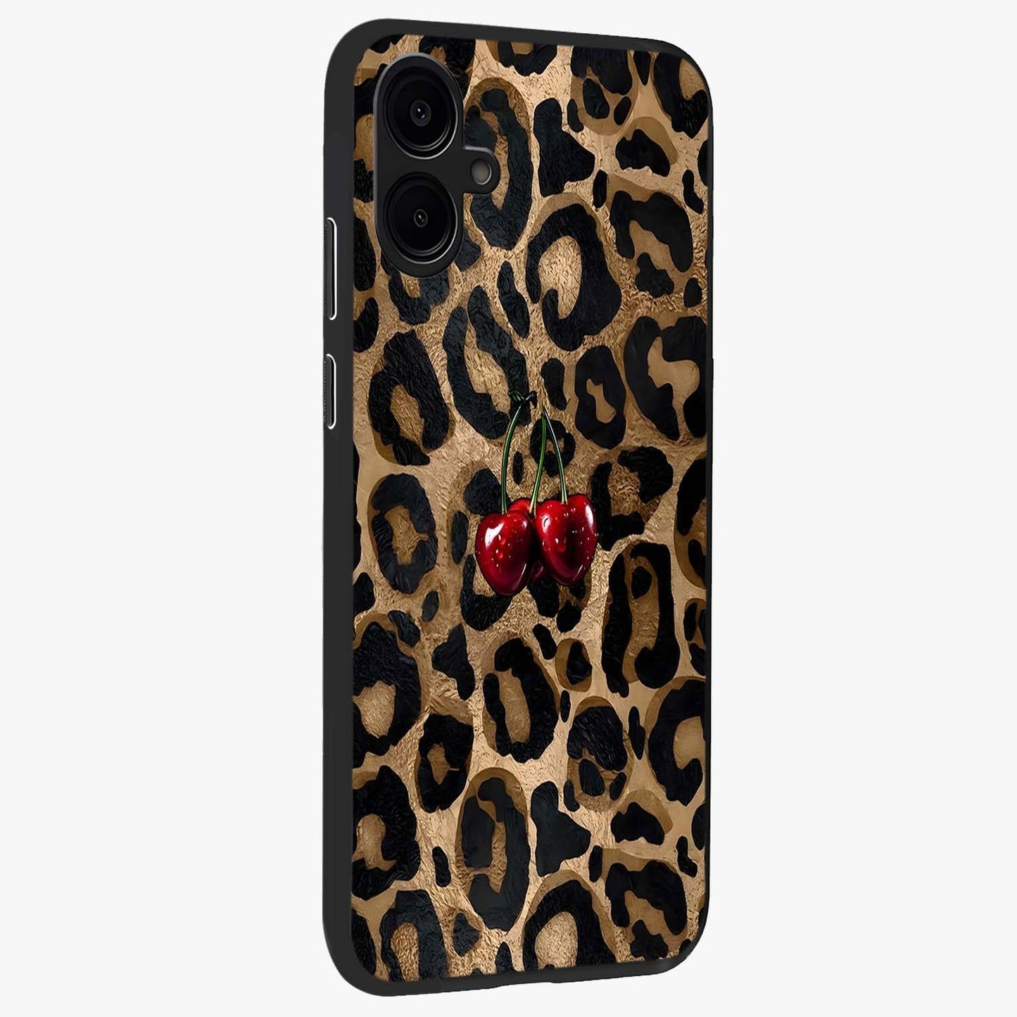 Leopard Wild Cherry Glass Case upright view showcasing stylish leopard pattern artwork with trendy fashion theme.