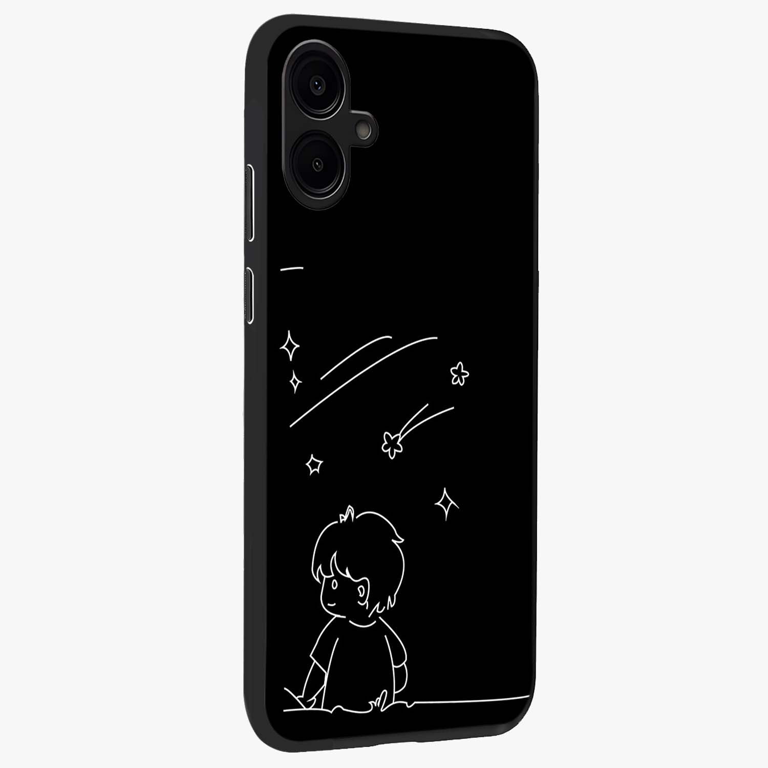 Line Art Boy With Shooting Stars Glass Case upright view showcasing artistic shooting star illustration with minimal style.