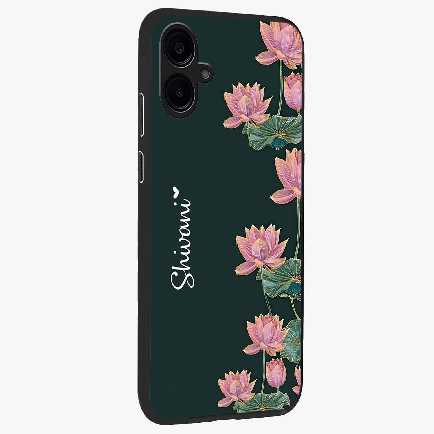 Lotus Bloom Serenity Custom Name Glass Case upright view showcasing serene lotus bloom artwork with personalized floral aesthetic.