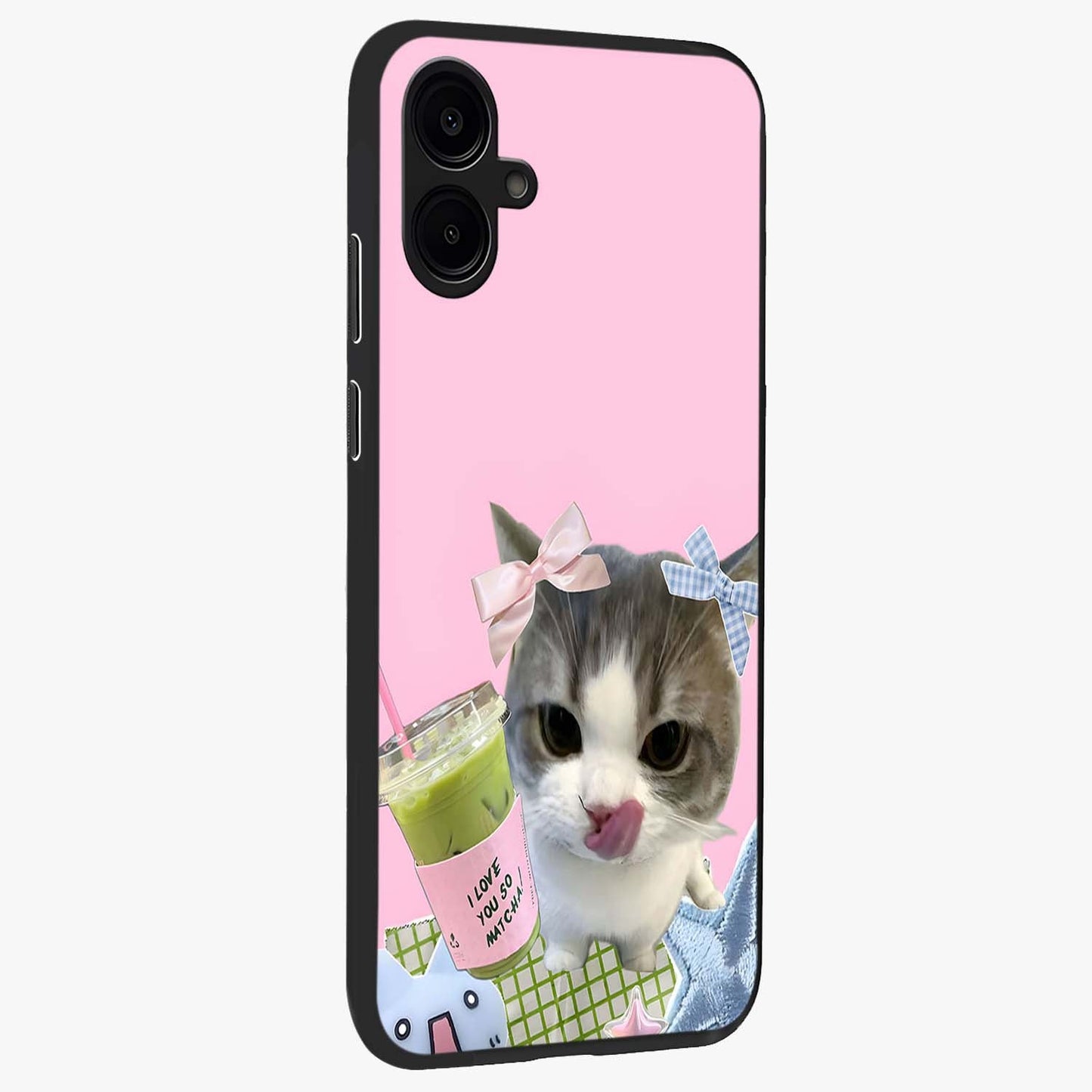 Love Matcha Cat Glass Case upright view showcasing adorable cat artwork with charming matcha themed design.