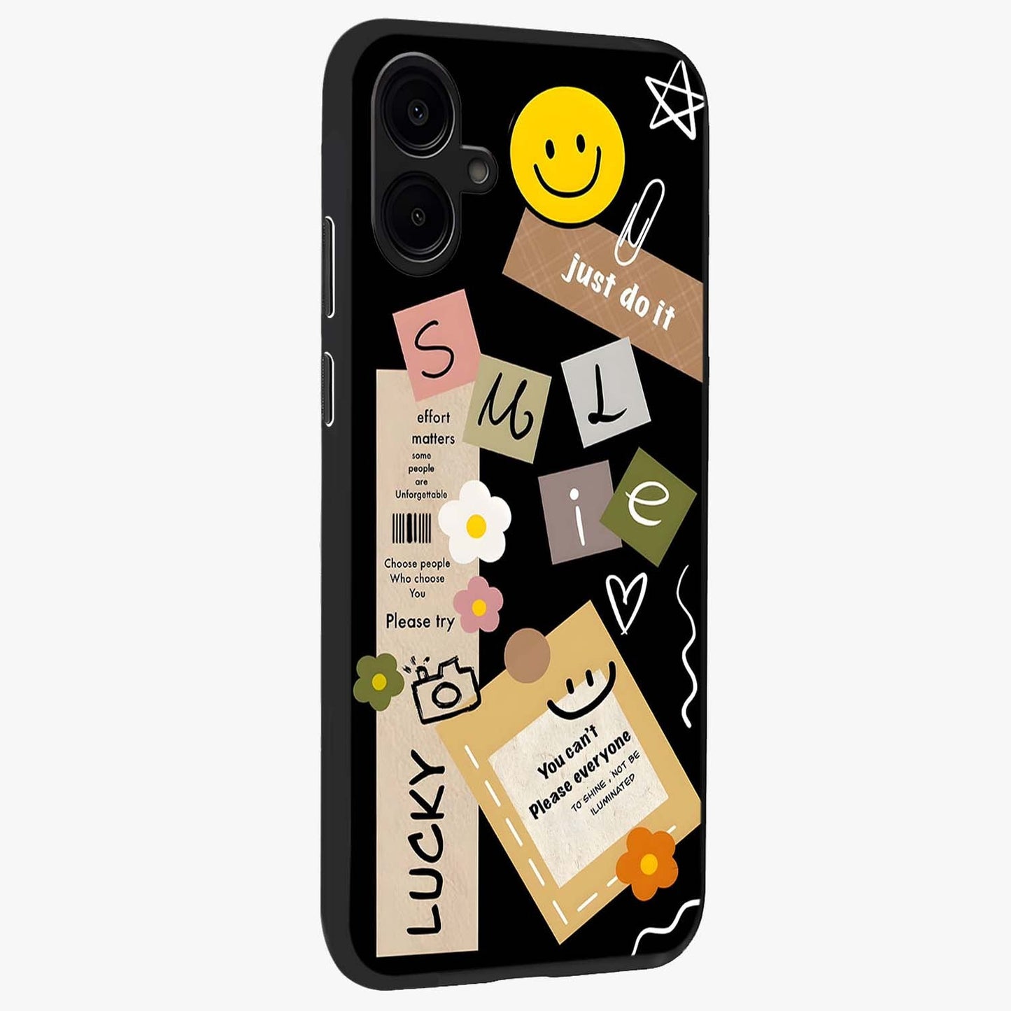 Lucky Aesthetic Collage Glass Case upright view showcasing vibrant collage artwork with youthful aesthetic theme.