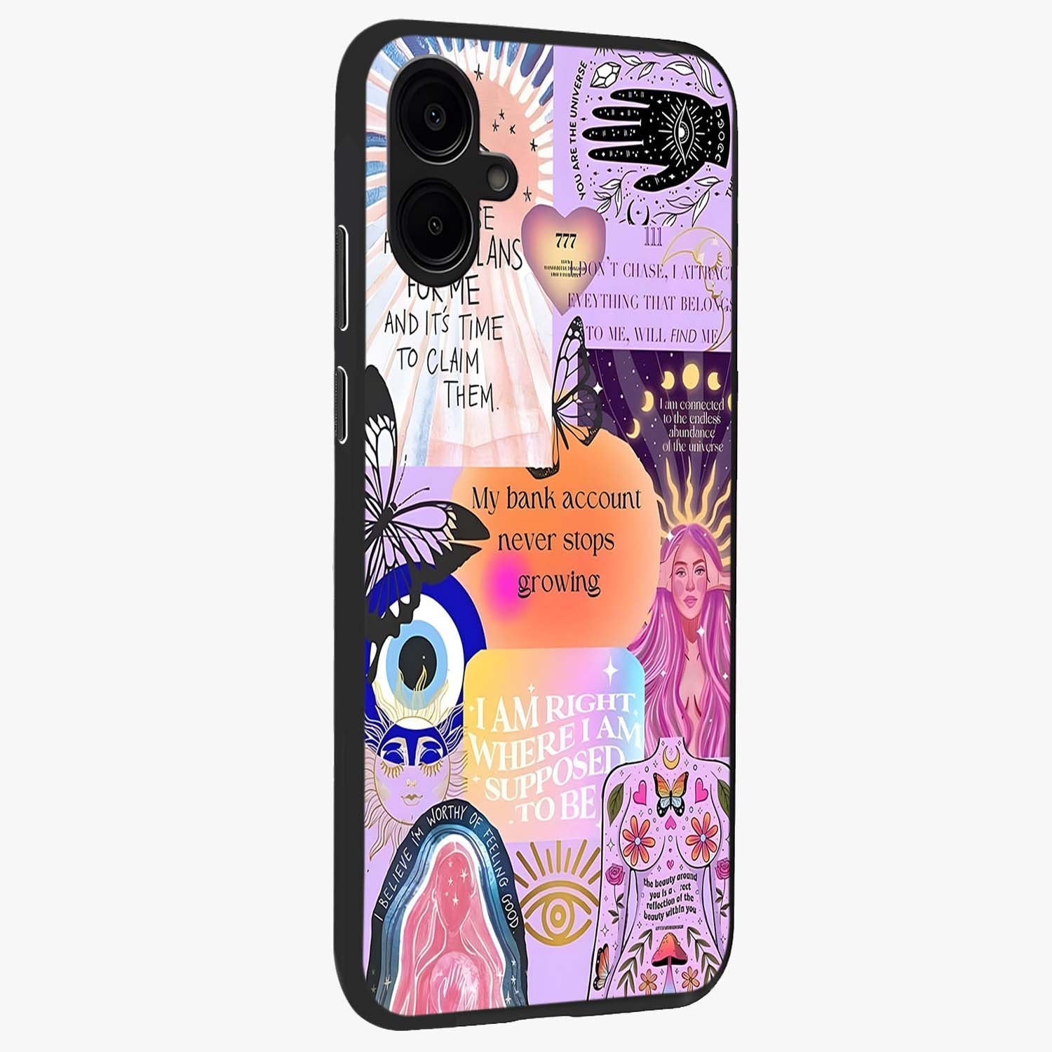 Manifestation Collage Glass Case upright view showcasing artistic manifestation themed artwork with creative style.