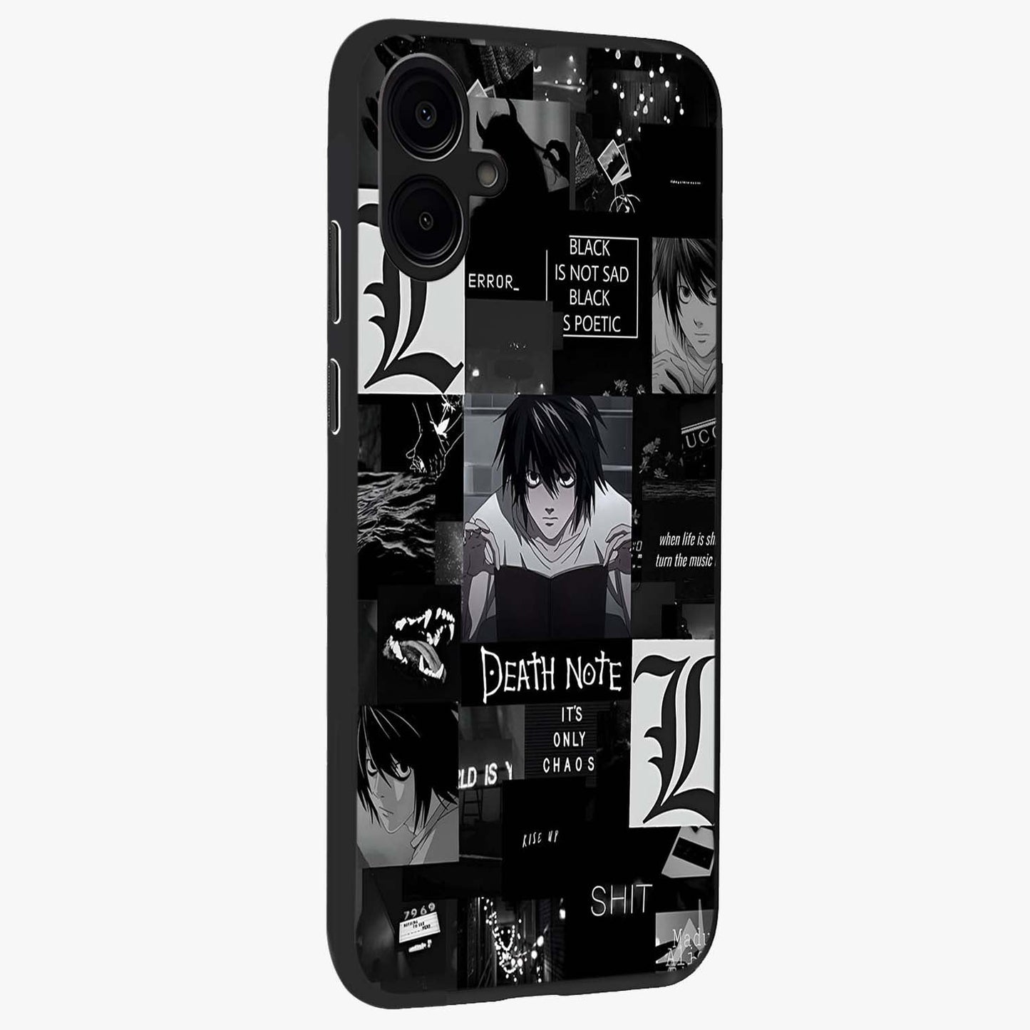 Midnight Chaos Mind Glass Case upright view showcasing expressive abstract artwork with bold dark theme.