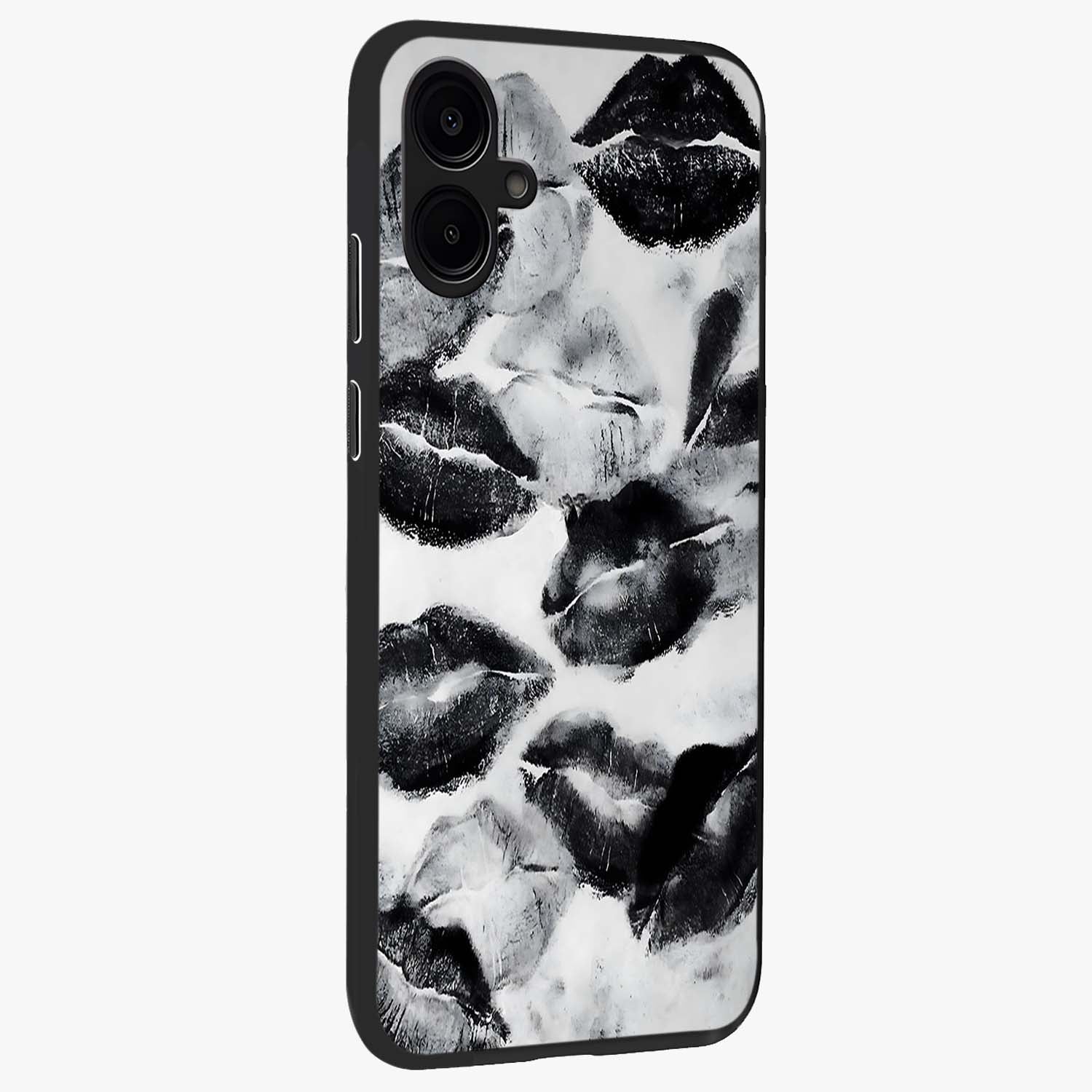 Midnight Kiss Marks Glass Case upright view showcasing stylish kiss mark artwork with trendy romantic theme.