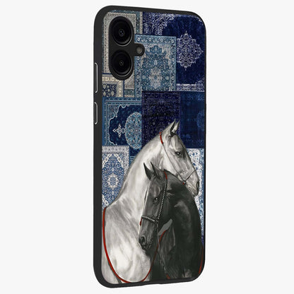 Midnight Stallion Blues Glass Case upright view showcasing dramatic horse artwork with bold artistic theme.