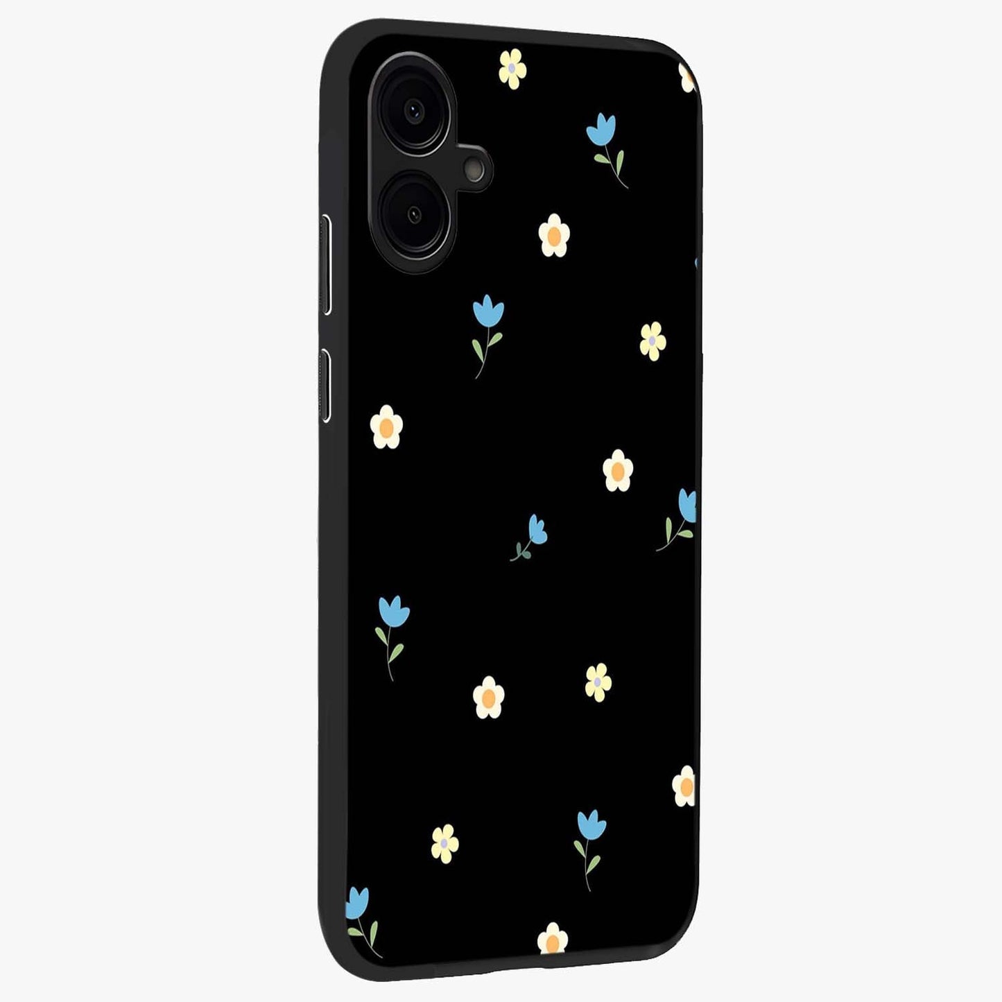 Minimal Petal Whispers Glass Case upright view showcasing elegant floral artwork with modern minimalist style.