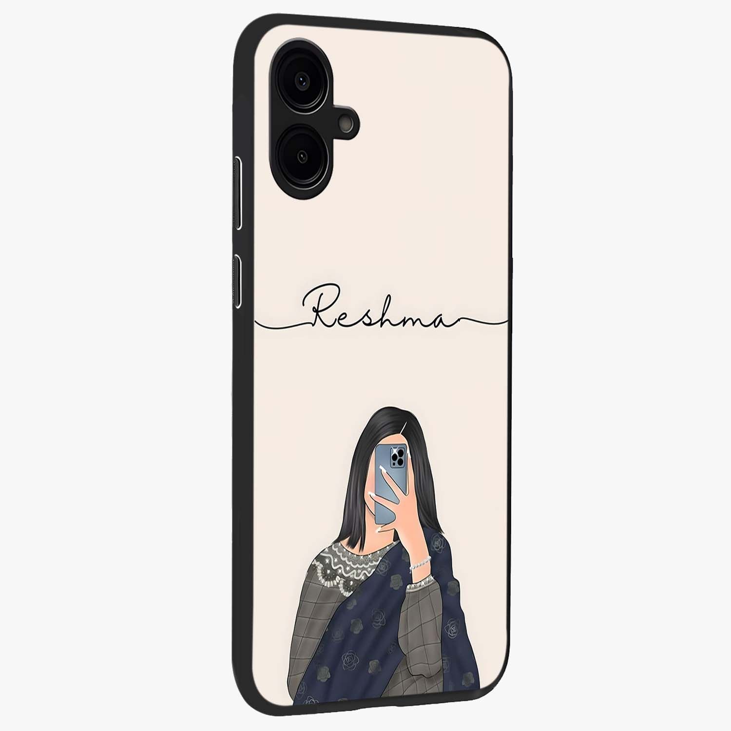 Mirror Mood Muse With Custom Name Glass Case upright view showcasing artistic mirror themed artwork with personalized aesthetic.