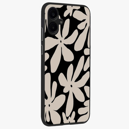 Monochrome Petal Dance Glass Case upright view showcasing artistic floral pattern with stylish monochrome theme.