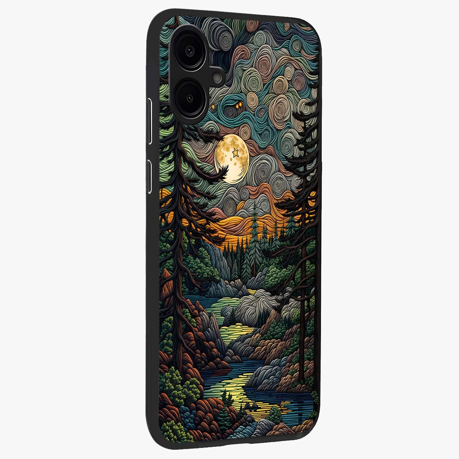 Moonlight Forest Dream Glass Case upright view showcasing magical forest artwork with calm night theme.