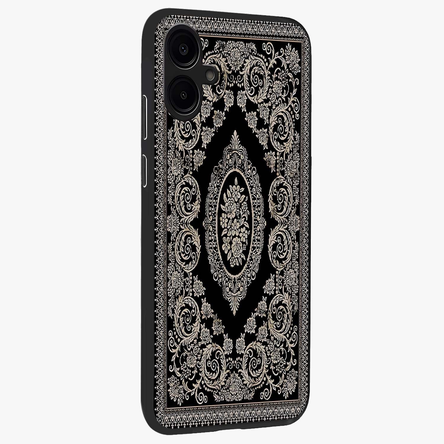 Noir Bloom Elegance Glass Case upright view showcasing graceful floral artwork with luxurious dark theme.