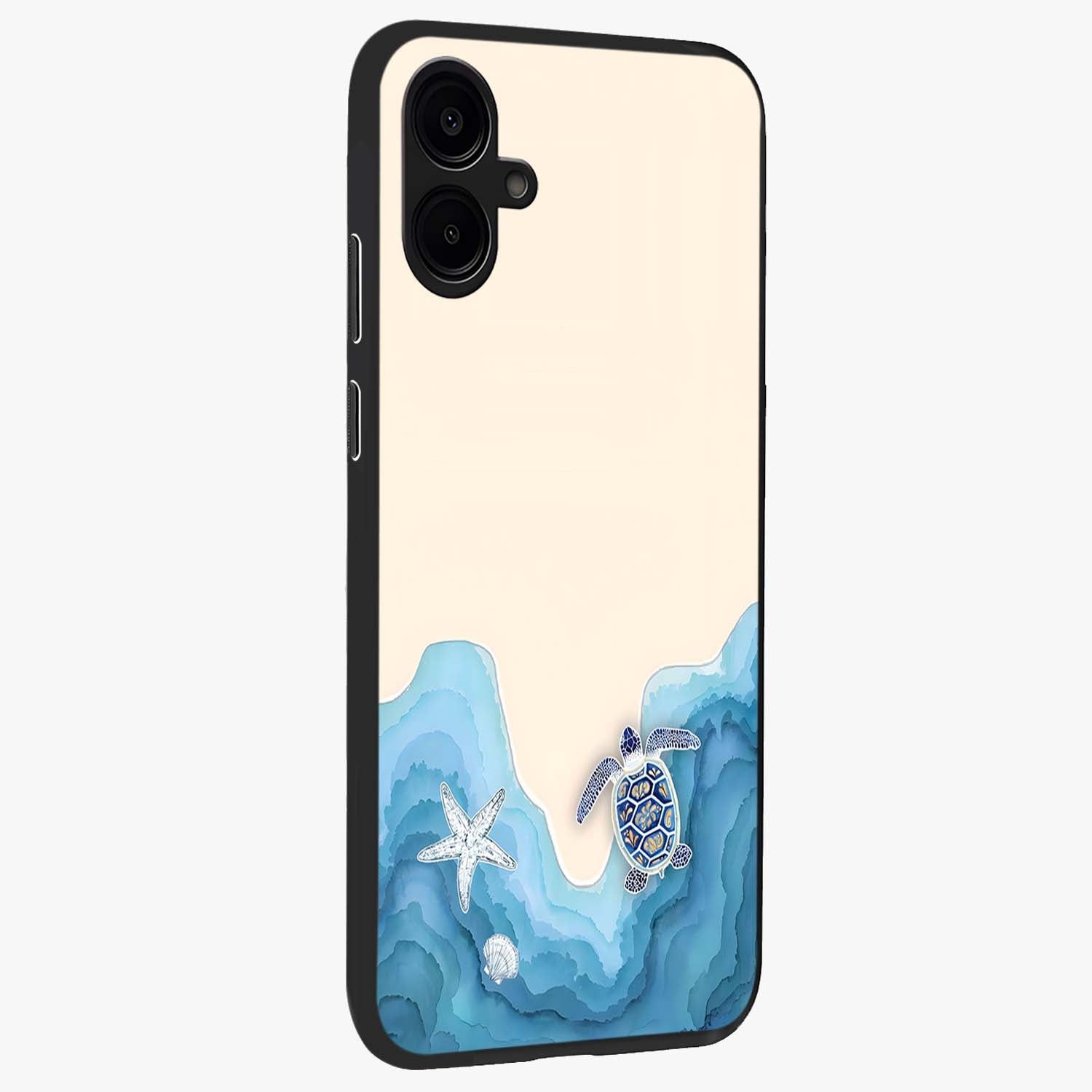 Ocean Drift Turtle Glass Case upright view showcasing calm underwater turtle artwork with nature inspired theme.