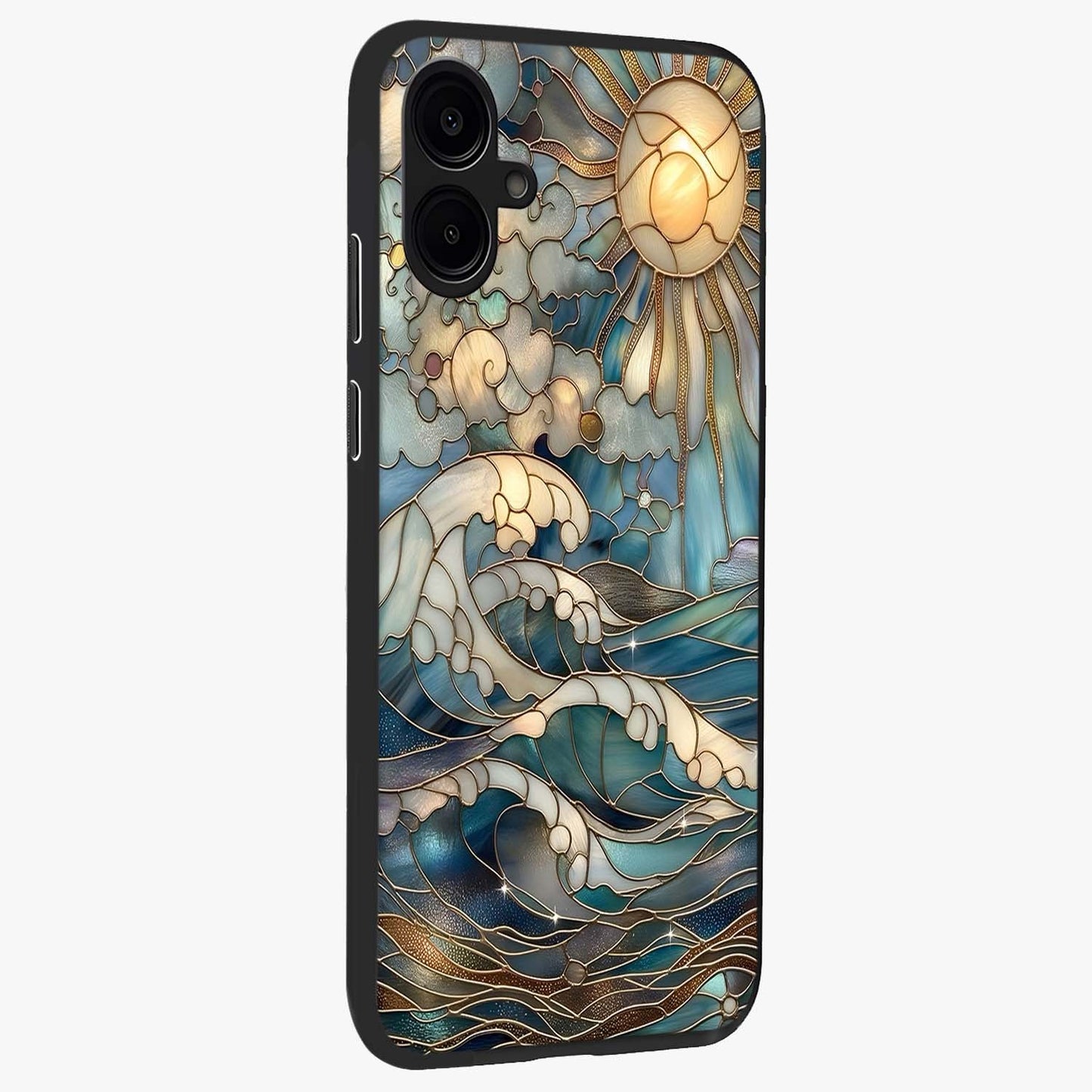 Oceanic Stained Printed Glass Case upright view showcasing decorative ocean pattern artwork with vibrant marine theme.