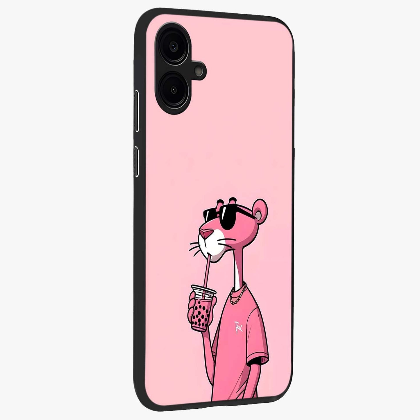 Pink Panther Glass Case upright view showcasing fun animated artwork with stylish retro cartoon theme.