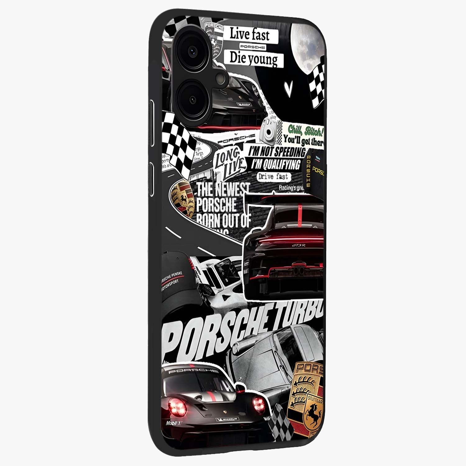 Porsche Racing Collage Glass Case upright view showcasing energetic car collage artwork with high speed racing theme.