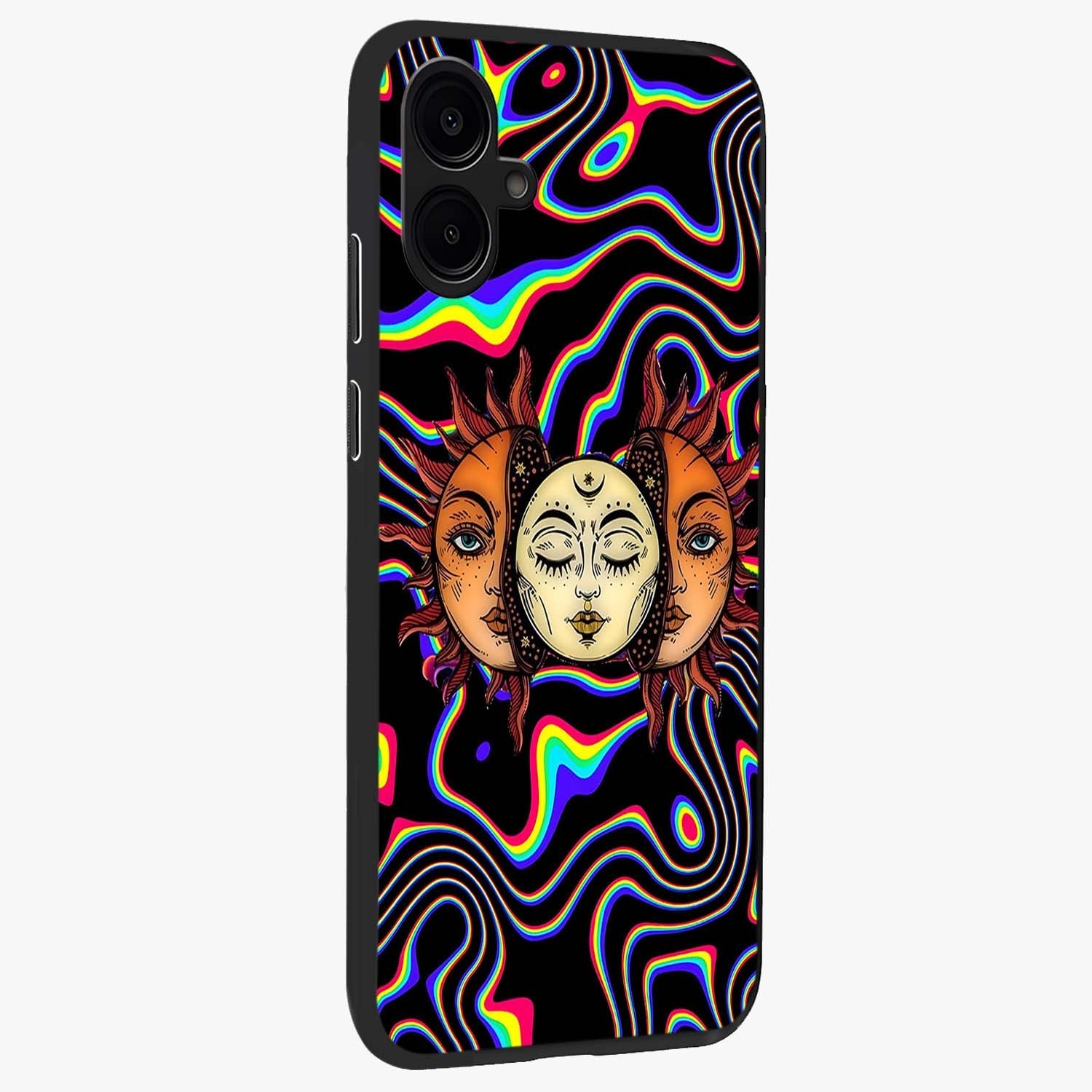 Psychedelic Sun Glass Case upright view showcasing trippy sun artwork with bold psychedelic theme.