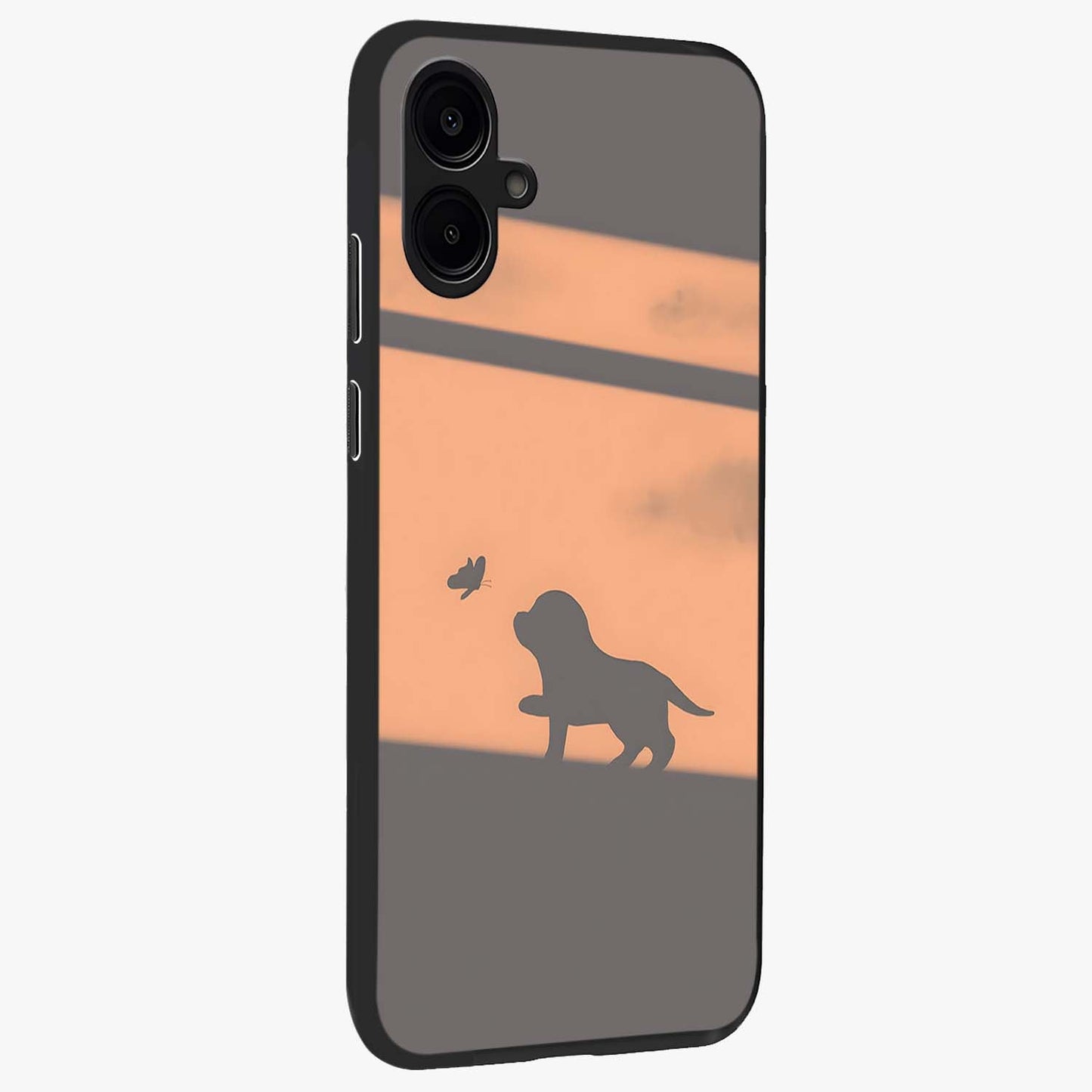 Puppy Shadow Art Glass Case upright view showcasing charming puppy artwork with creative silhouette theme.