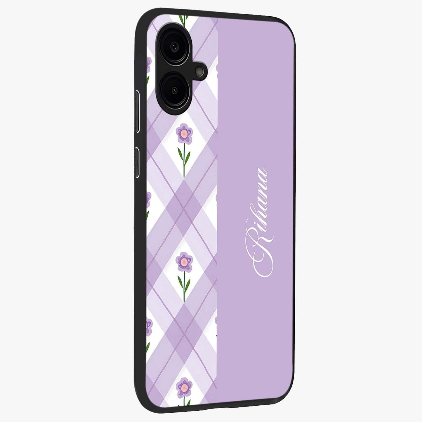 Purple Diamond Floral Glass Case upright view showcasing vibrant floral artwork with stylish geometric theme.