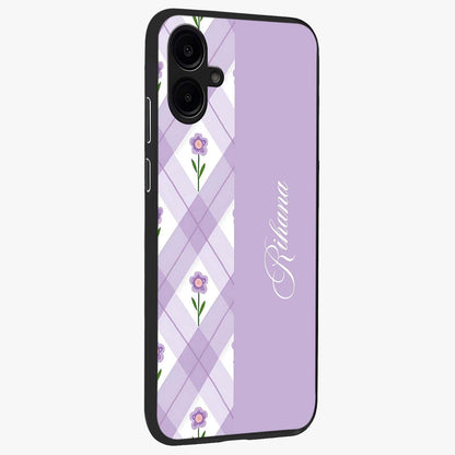 Purple Diamond Floral Glass Case upright view showcasing vibrant floral artwork with stylish geometric theme.
