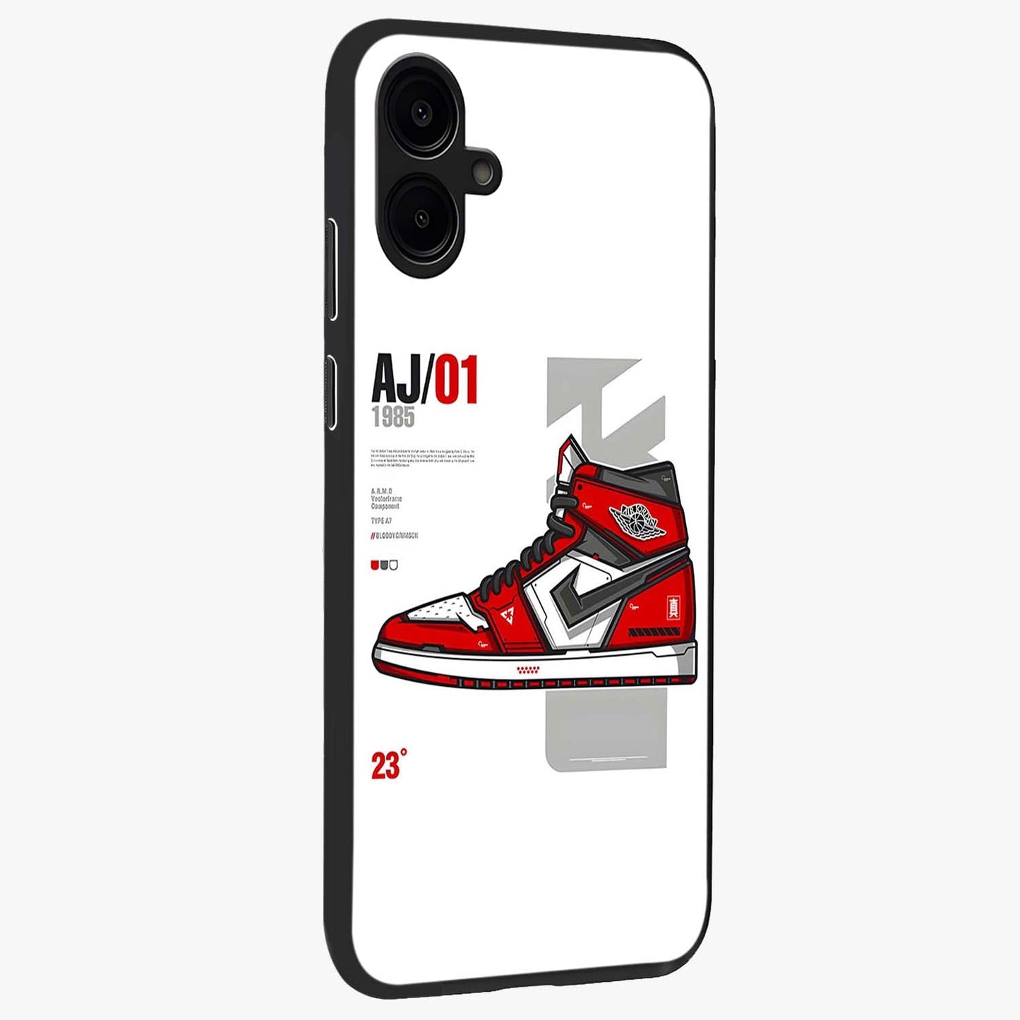 Retro Sneaker Blueprint Glass Case upright view showcasing stylish sneaker illustration with vintage streetwear theme.