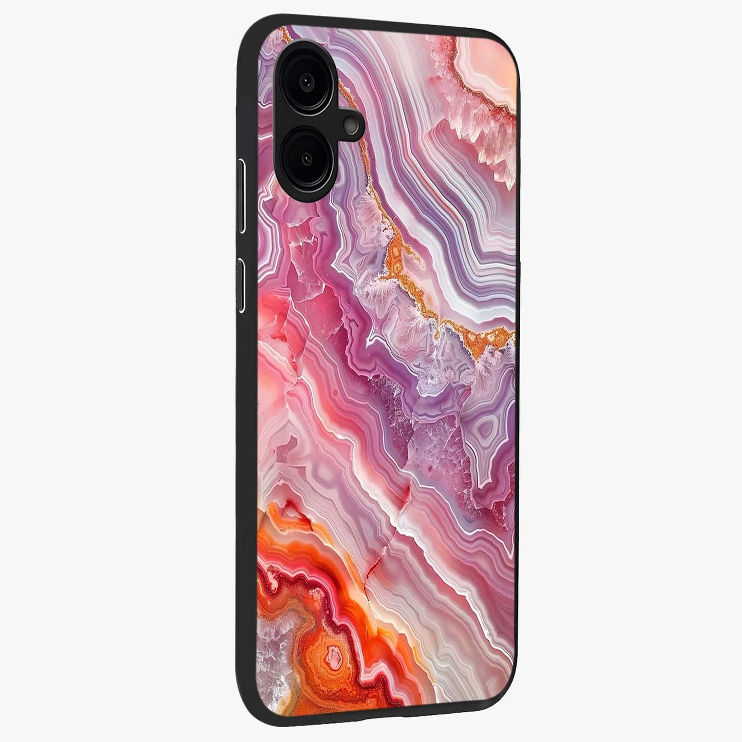 Rose Quartz Marble Glass Case upright view showcasing decorative marble artwork with luxurious pastel theme.