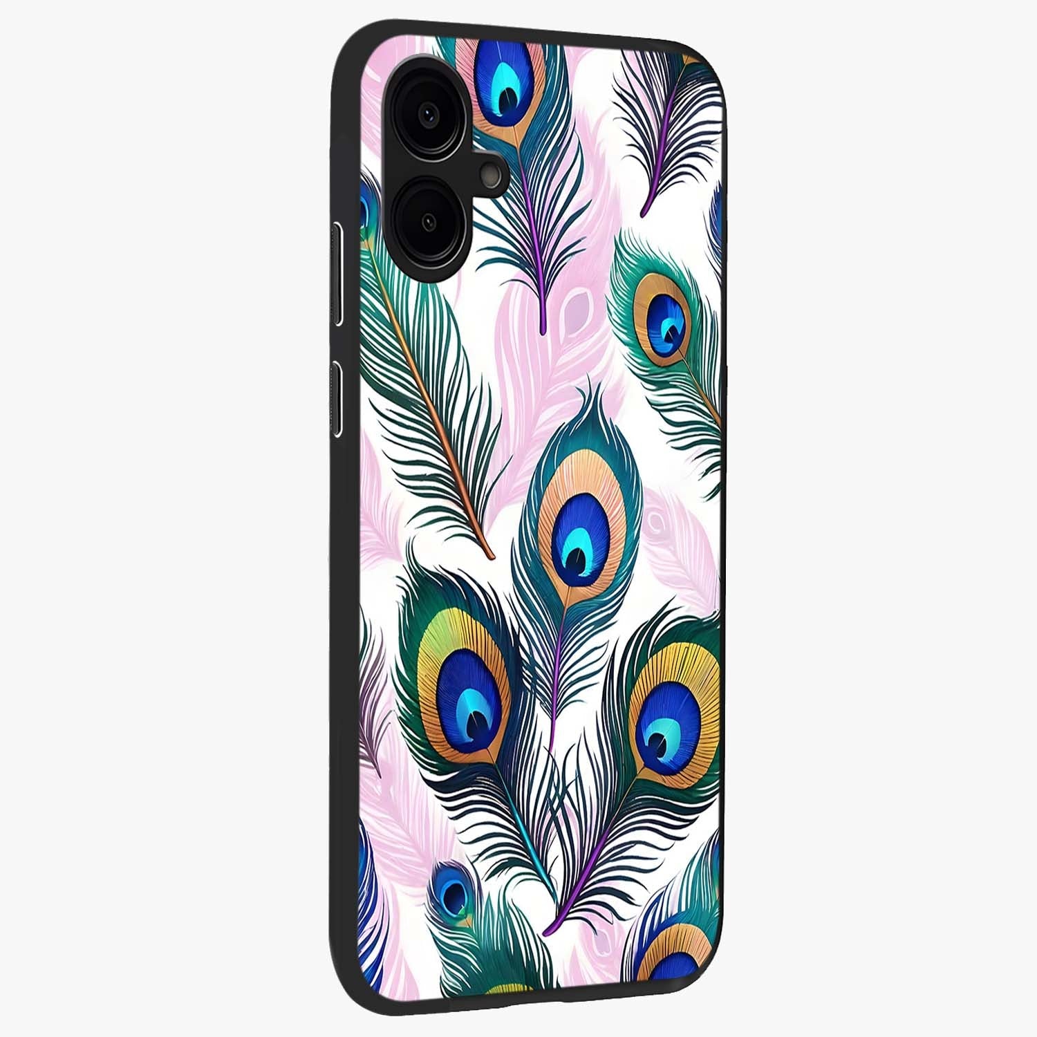 Royal Peacock Feathers Glass Case upright view showcasing elegant peacock feather artwork with decorative royal theme.