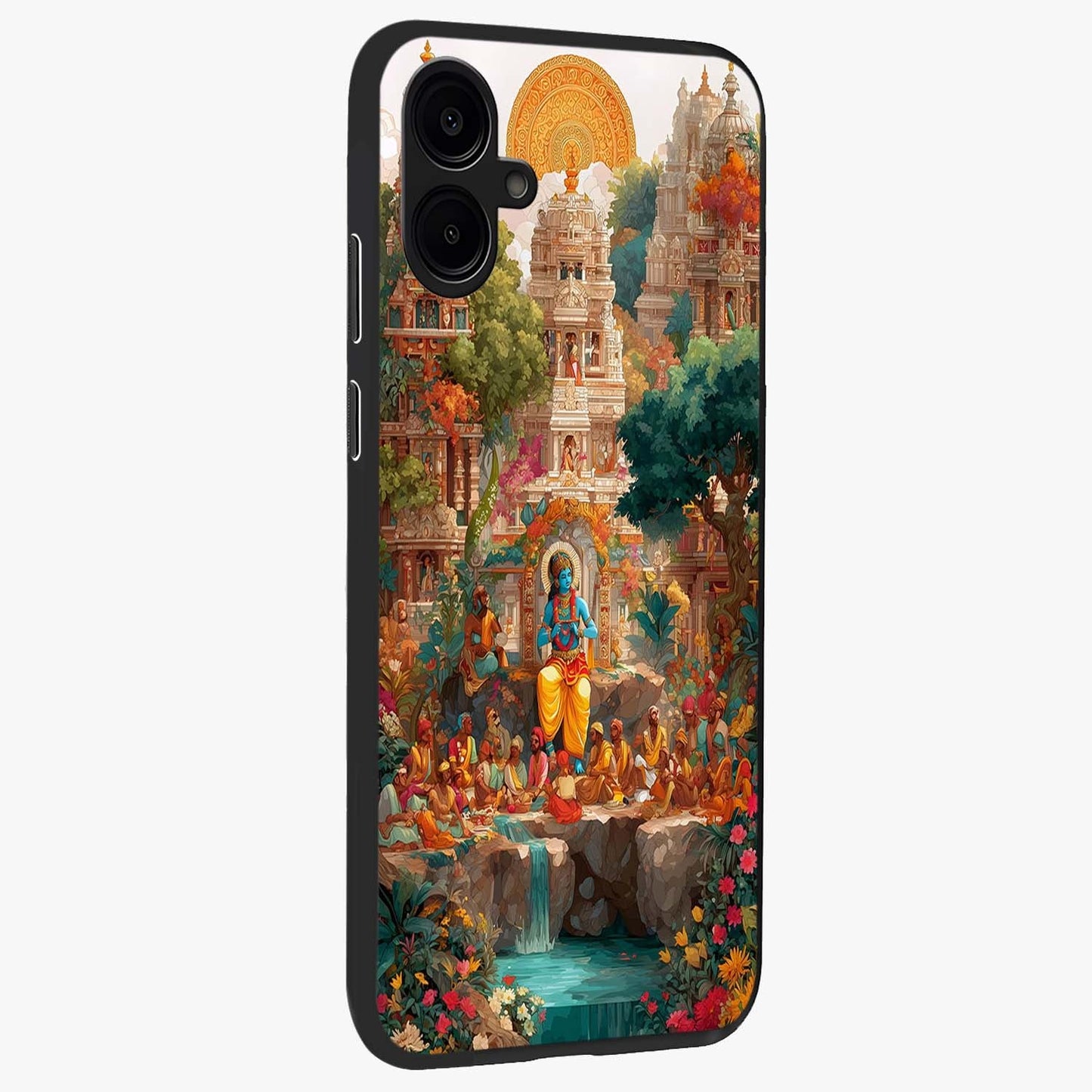 Sacred Sunlight Gods Glass Case upright view showcasing glowing divine artwork with sacred mythological theme.
