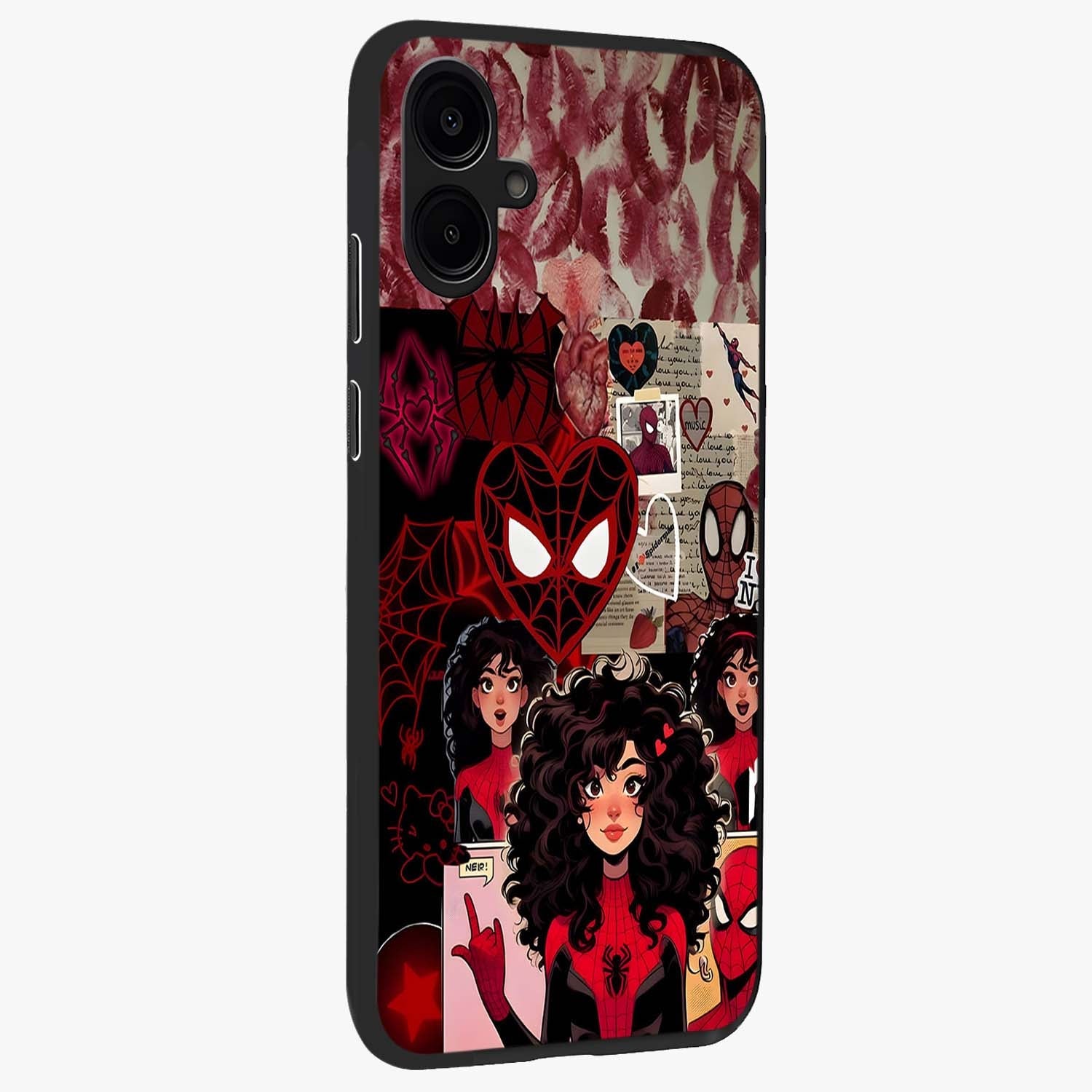 Spider Love Story Glass Case upright view showcasing charming superhero artwork with romantic comic theme.