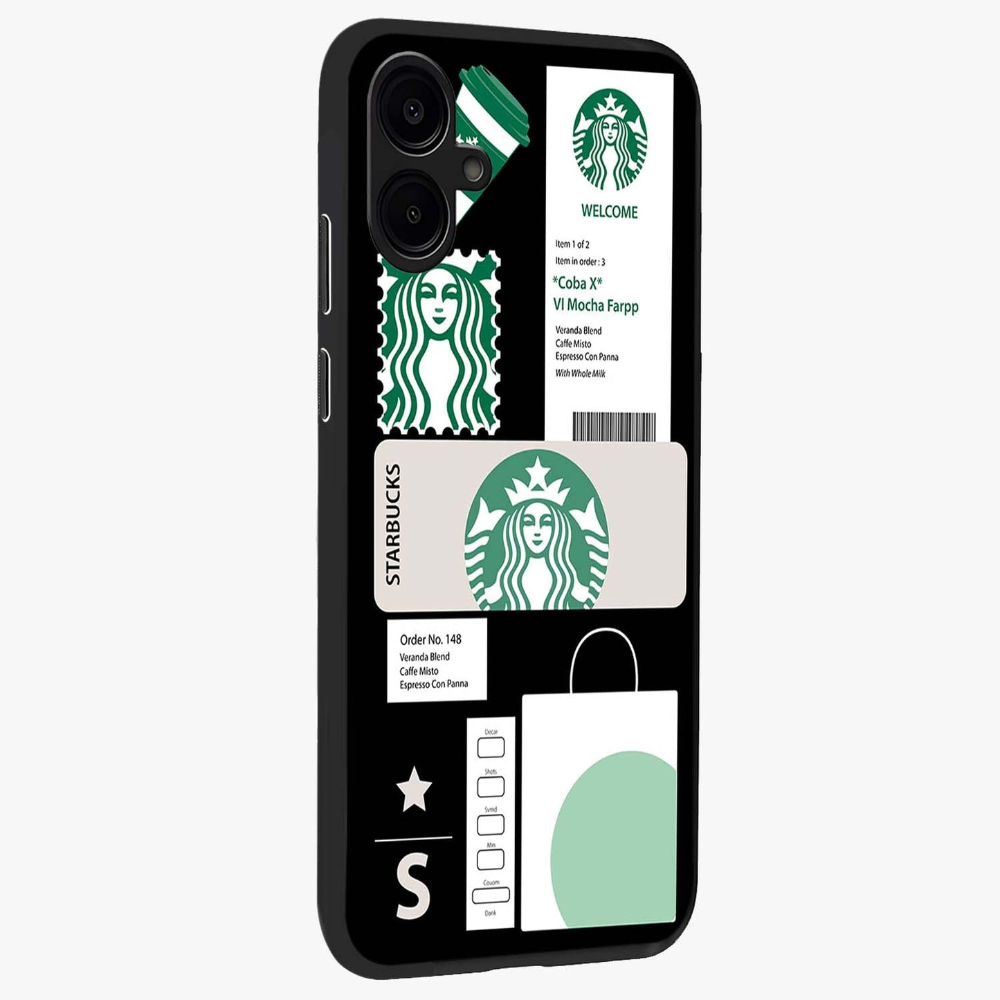 Starbucks Mocha Glass Case upright view showcasing trendy coffee inspired artwork with modern lifestyle theme.