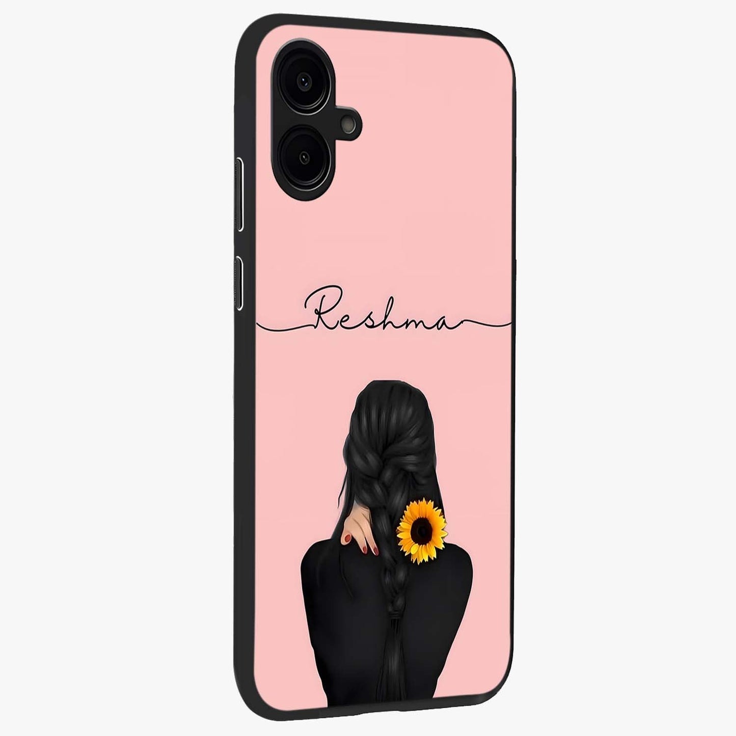 Sunflower Braid Beauty With Custom Name Glass Case upright view showcasing bright sunflower artwork with personalized floral aesthetic.